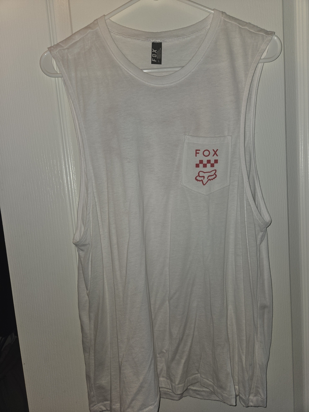 Fox White Muscle Tank with Red Pocket Logo